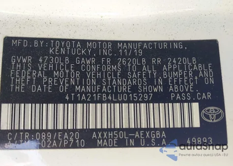 2020 Toyota Avalon Hybrid Xle из США, поврежденный, VIN 4T1A21FB4LU015297
